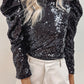 Black Sequin Mock Neck Ruched Puff Sleeve Top