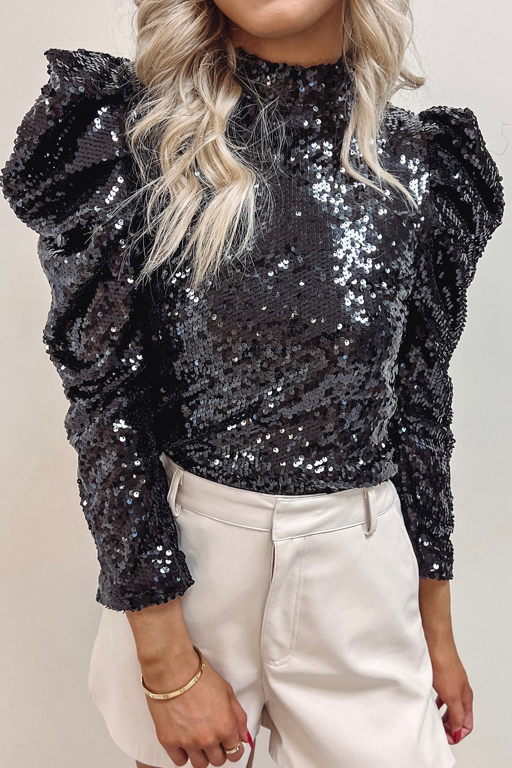 Black Sequin Mock Neck Ruched Puff Sleeve Top