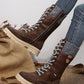 Coffee Wool Knit Patchwork Lace Up Leather Boots