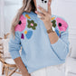 Light Blue 60s Flower Pattern Ribbed Edge Sweater