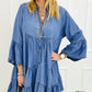 Sky Blue Chambray Ruffled 3/4 Sleeve Tiered Split V Neck Mini Dress