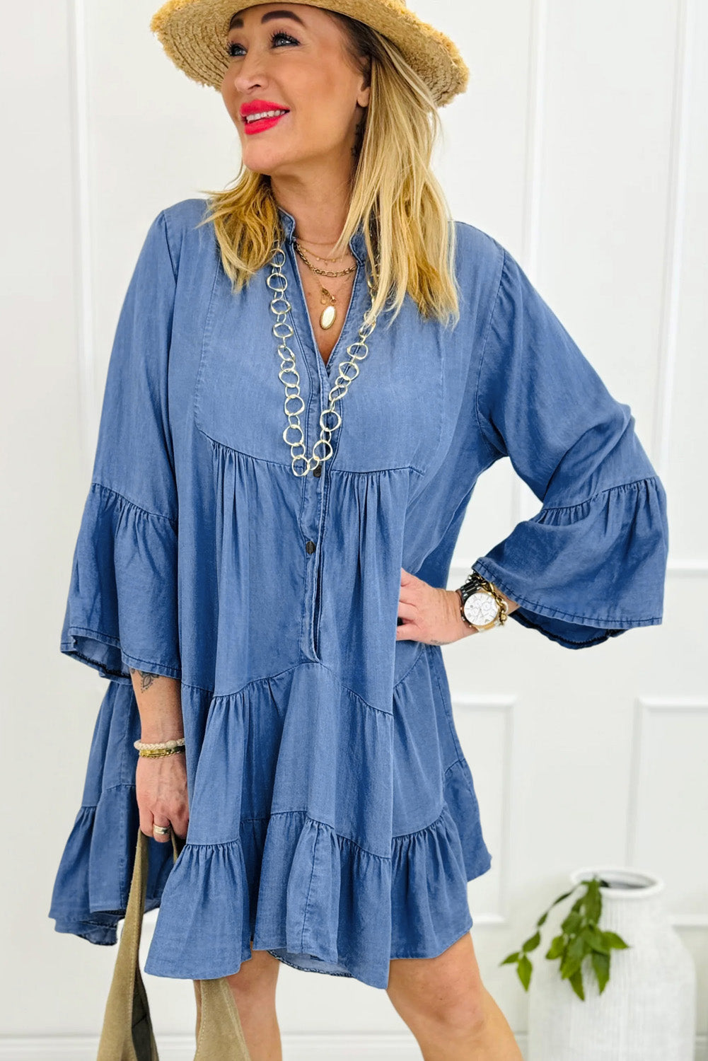 Sky Blue Chambray Ruffled 3/4 Sleeve Tiered Split V Neck Mini Dress