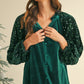 Evergreen Velvet Sequin Patchwork Sleeve Button Up Blouse