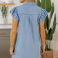 Beau Blue Flutter Sleeve Shirred Button Up Denim Mini Dress