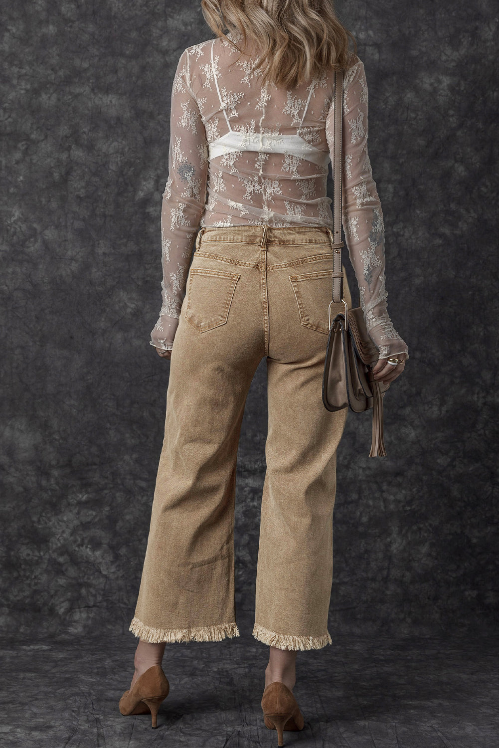 Light French Beige Acid Washed High Rise Cropped Jeans