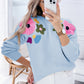 Light Blue 60s Flower Pattern Ribbed Edge Sweater