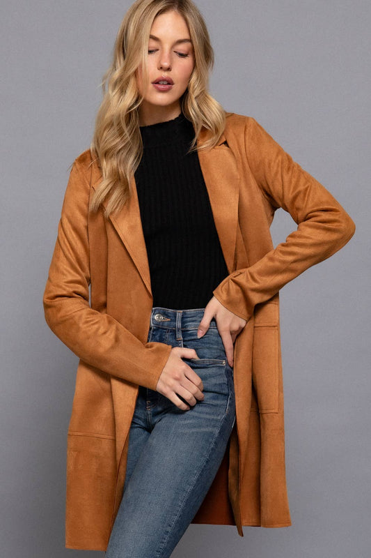 42POPS - ...SI-23491 Fitted Long Slv Faux Suede Open Jacket: KHA-cappuccino-172162 / L