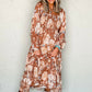 Brown Floral Print Shirred Square Neck High Waist Maxi Dress