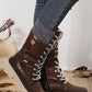 Coffee Wool Knit Patchwork Lace Up Leather Boots