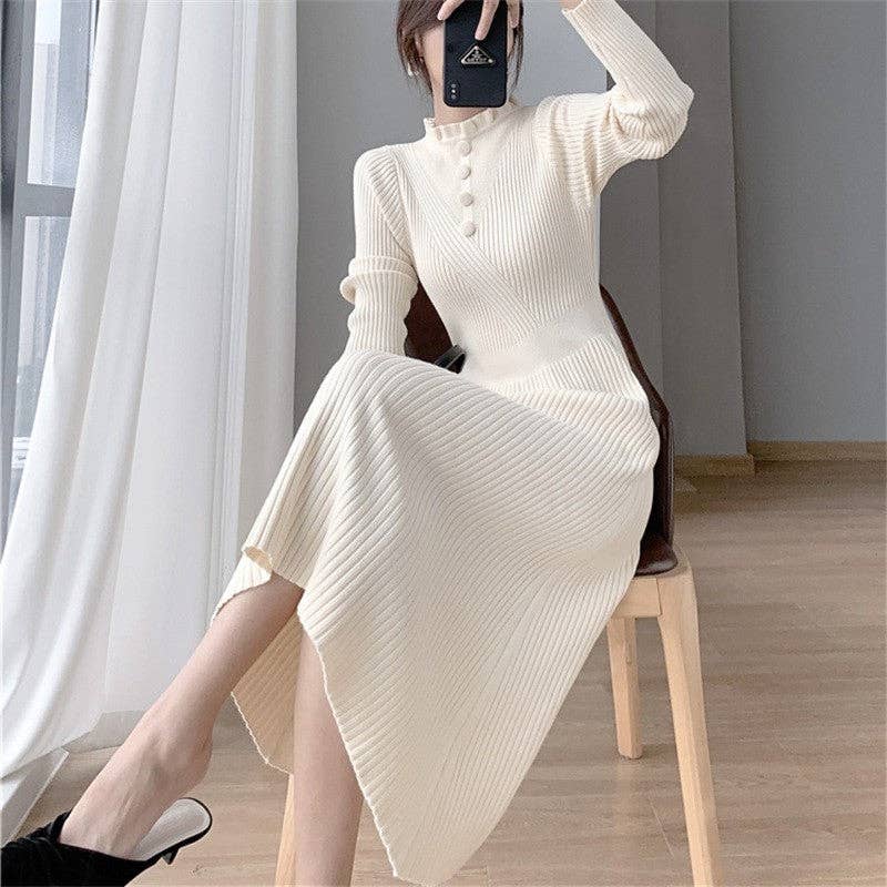UZ Wholesale Store - Solid Color Slim Fit Half High Neck Knitted Long Dress: BLACK / One_size
