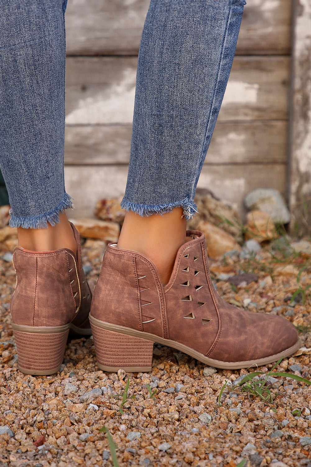 Red Sandalwood Cut Out Suede Pointed Toe Heeled Ankle Boots