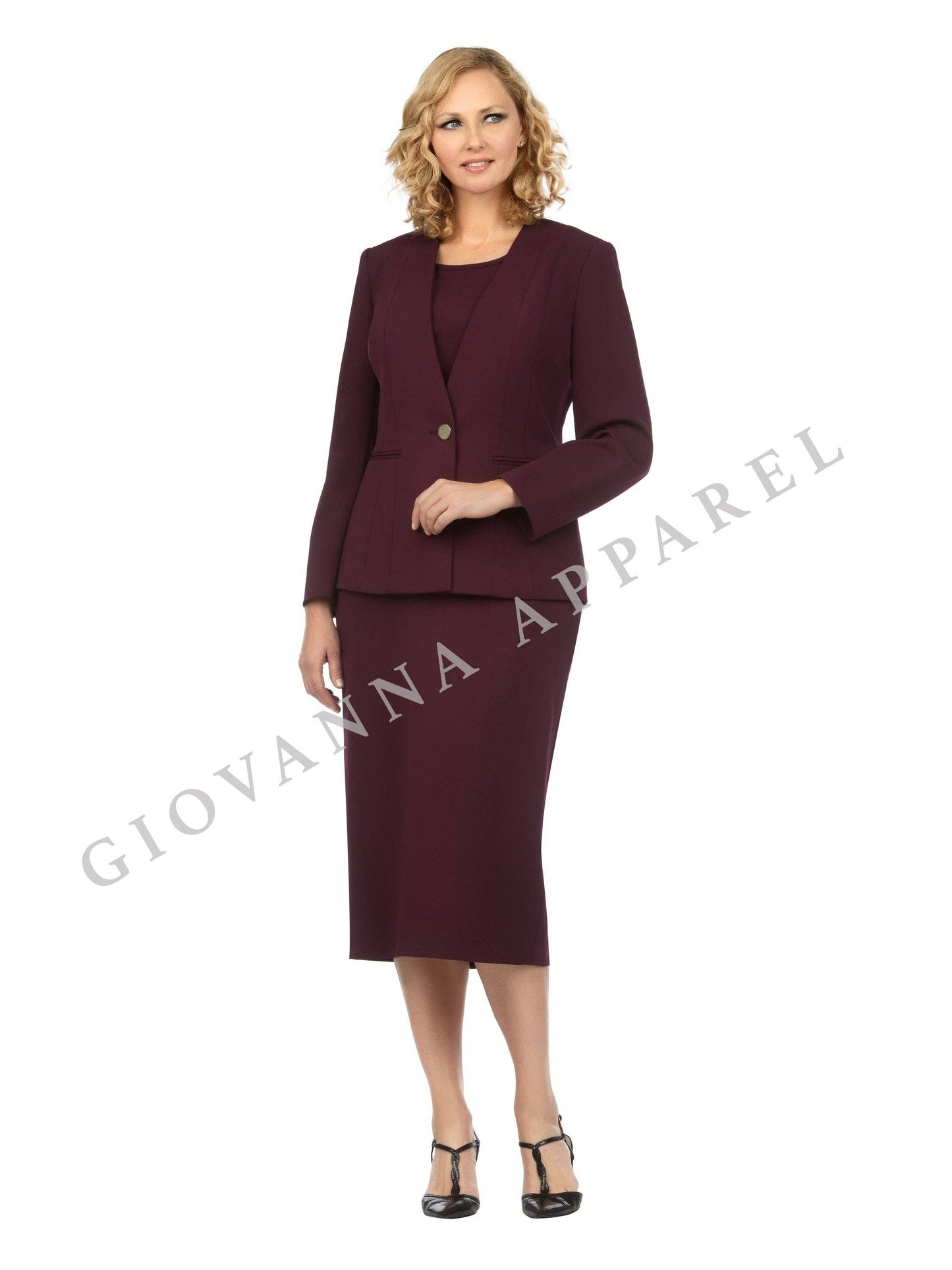 Giovanna - 3pc Collarless Clean Lines Detailed Skirt Suit: DARK NAVY / 16