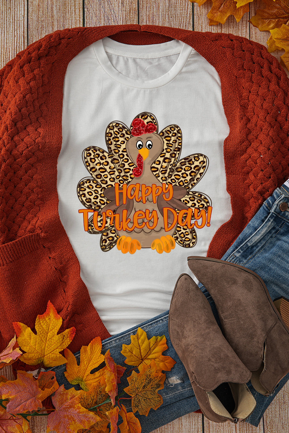 White Happy Turkey Day Leopard Print Graphic Crew Neck T Shirt