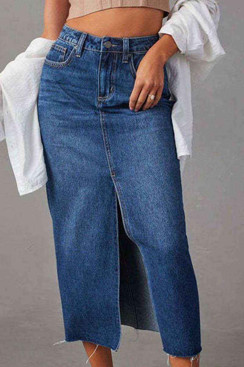 Lily Clothing - Washed denim solid color high slit long skirt: BLUE / (M) 1
