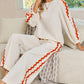 White Ric Rac Trim Long Sleeve Top and Wide Leg Pants Set