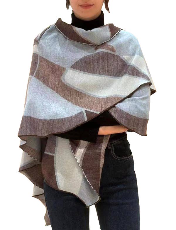 Winding River - Cozy Cashmere Like Blue/Brown Stained Glass Wrap: Short