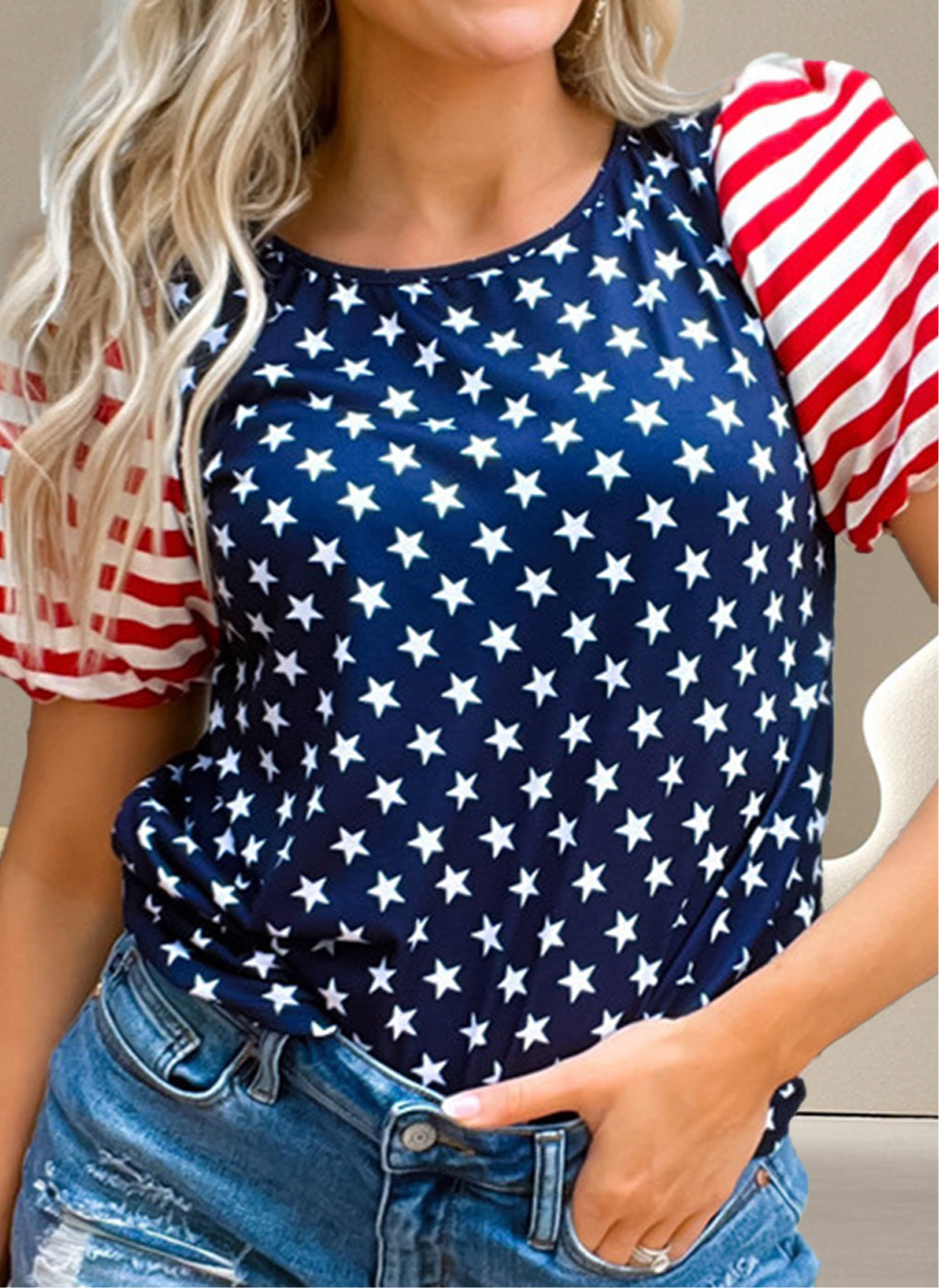 Stars and Stripes Round Neck Short Sleeve Top