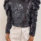 Black Sequin Mock Neck Ruched Puff Sleeve Top