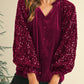 Evergreen Velvet Sequin Patchwork Sleeve Button Up Blouse