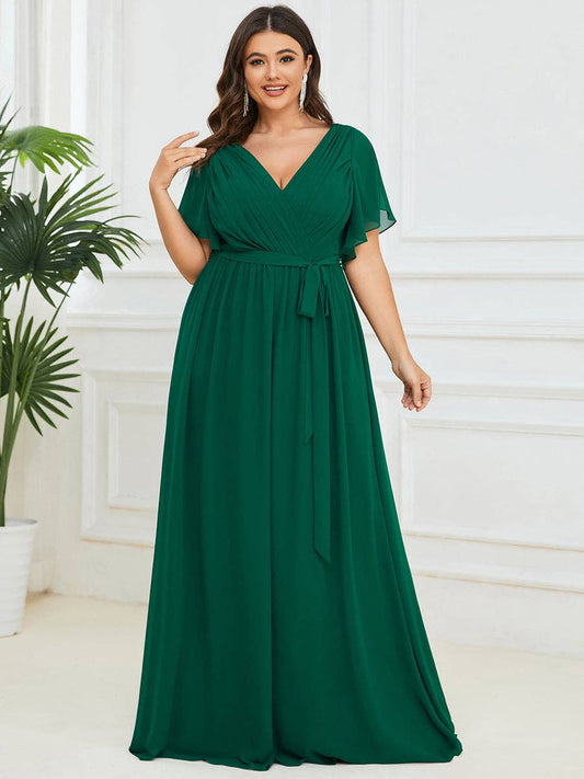 Ever-Pretty - Plus Size Belted Chiffon Bridesmaid Dress: Dark Green / 24