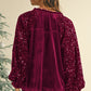 Evergreen Velvet Sequin Patchwork Sleeve Button Up Blouse