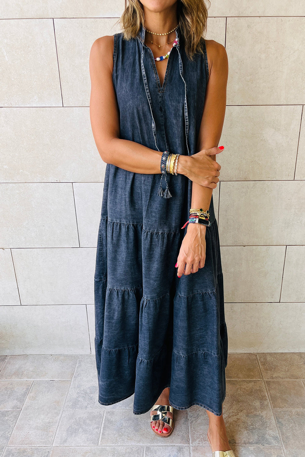 Blue Sleeveless Tiered Chambray Maxi Dress