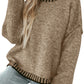 Pale Khaki Contrast Trim Mock Neck Drop Shoulder Sweater