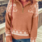 Pink Casual Geometric Knit Quarter Zip Sweater