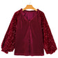 Evergreen Velvet Sequin Patchwork Sleeve Button Up Blouse