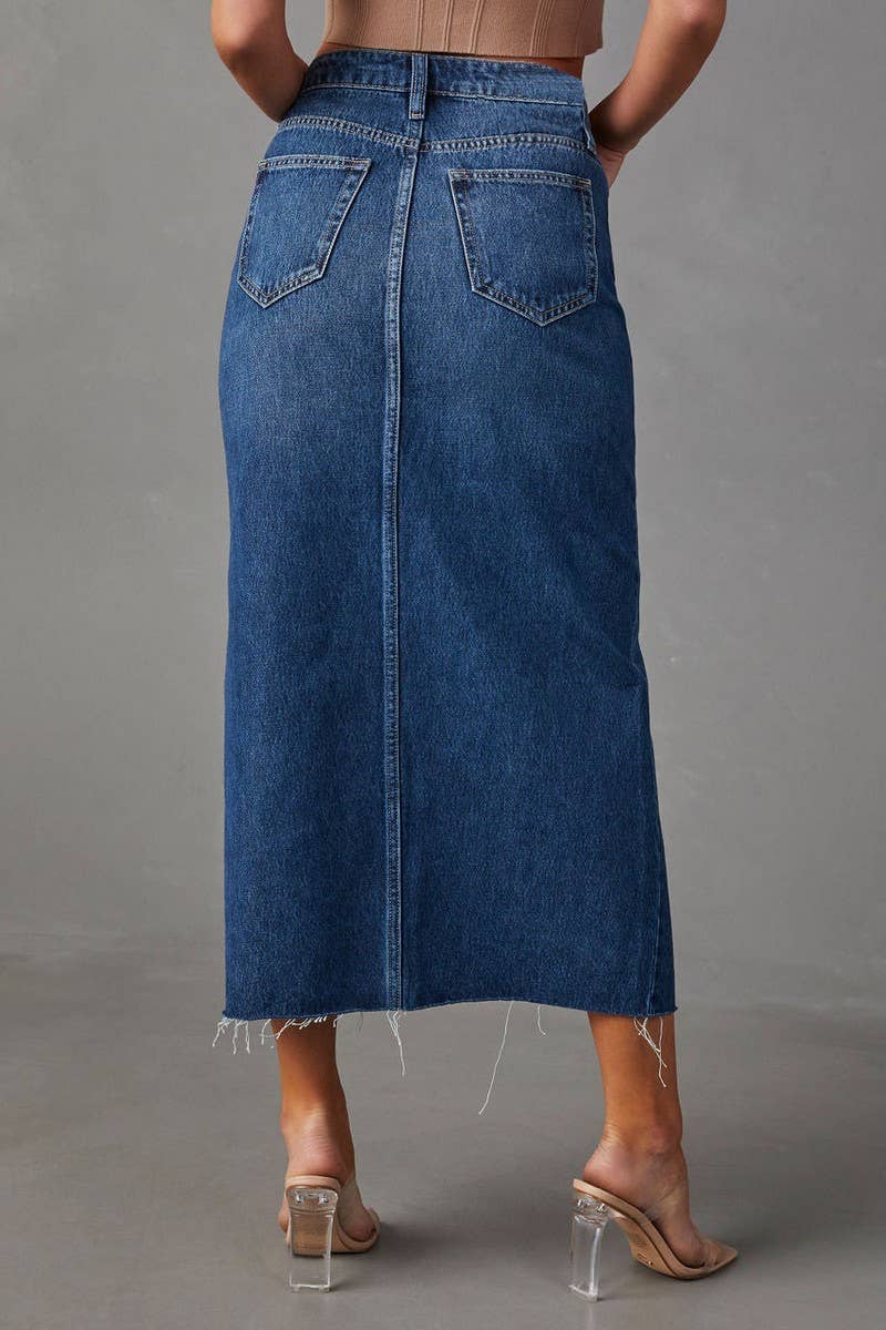 Lily Clothing - Washed denim solid color high slit long skirt: BLUE / (M) 1