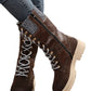 Coffee Wool Knit Patchwork Lace Up Leather Boots