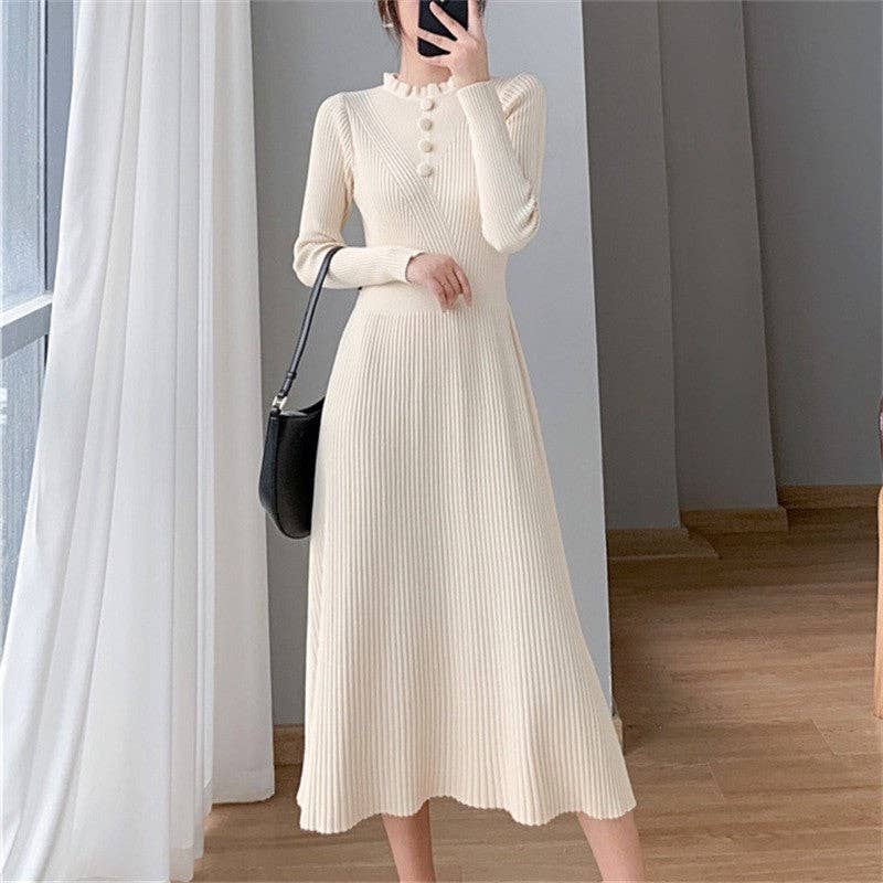 UZ Wholesale Store - Solid Color Slim Fit Half High Neck Knitted Long Dress: BLACK / One_size