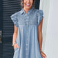 Beau Blue Flutter Sleeve Shirred Button Up Denim Mini Dress