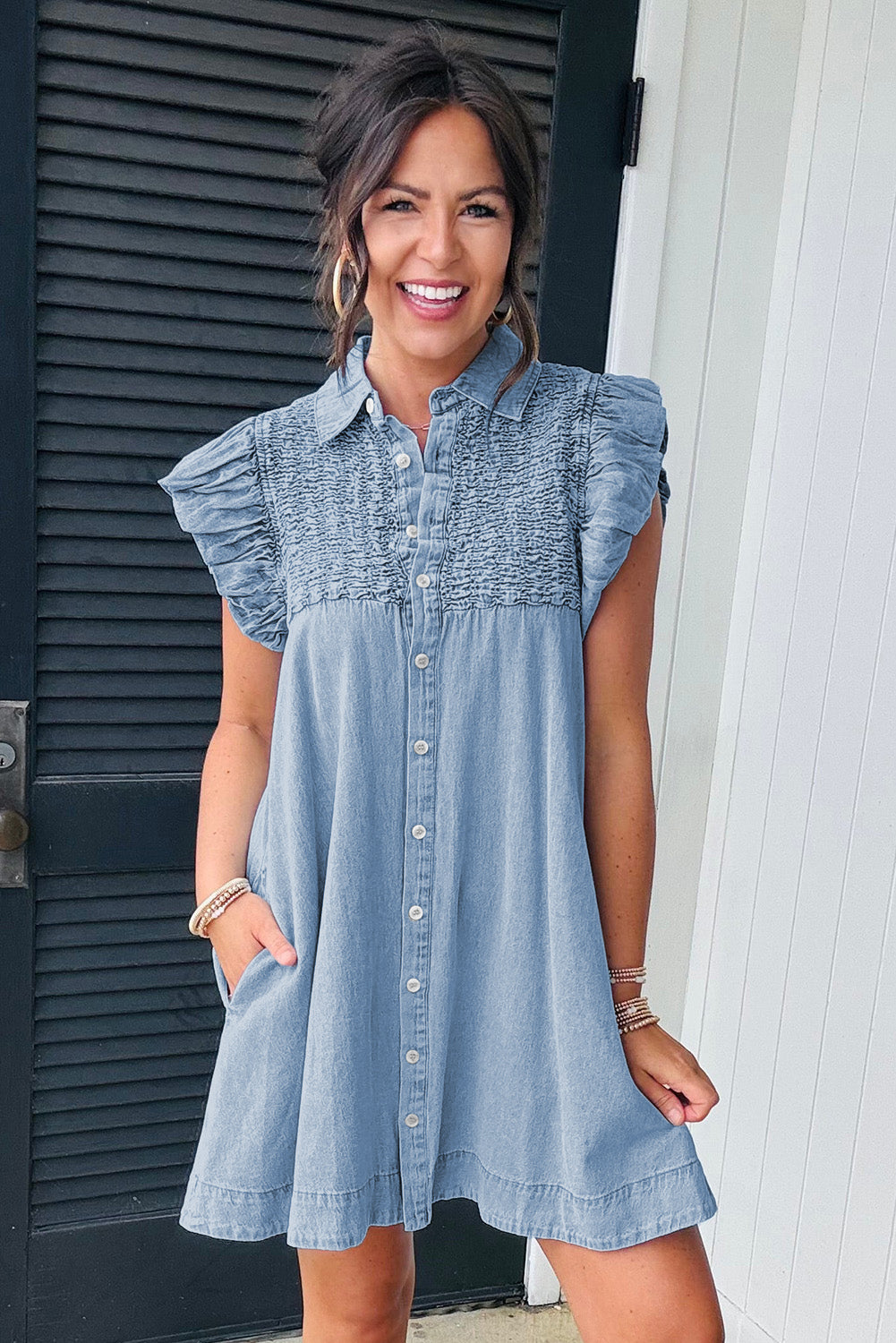 Beau Blue Flutter Sleeve Shirred Button Up Denim Mini Dress