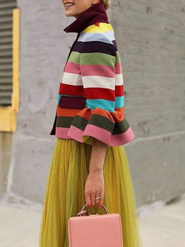 UZ Wholesale Puff Sleeves Multi-Colored Thick Striped Lapel Blouses&Shirts Tops: COLORFUL / L