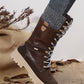 Coffee Wool Knit Patchwork Lace Up Leather Boots