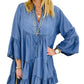 Sky Blue Chambray Ruffled 3/4 Sleeve Tiered Split V Neck Mini Dress