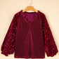 Evergreen Velvet Sequin Patchwork Sleeve Button Up Blouse