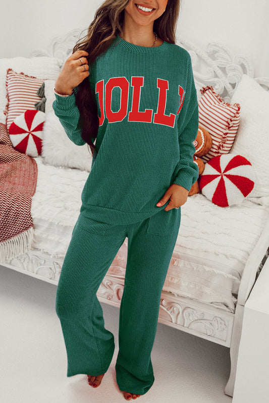 Evergreen Crinkle Rib JOLLY Pattern Long Sleeve Top and Pockets Pants Set