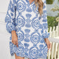 Blue Boho Floral Embroidered Notch V Neck Mini Dress