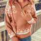 Pink Casual Geometric Knit Quarter Zip Sweater