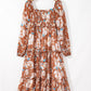 Brown Floral Print Shirred Square Neck High Waist Maxi Dress