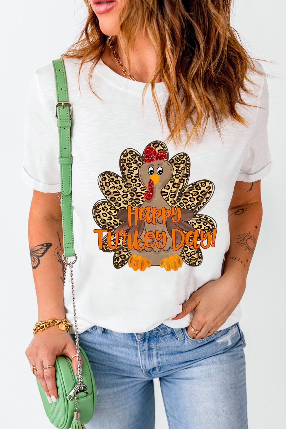 White Happy Turkey Day Leopard Print Graphic Crew Neck T Shirt