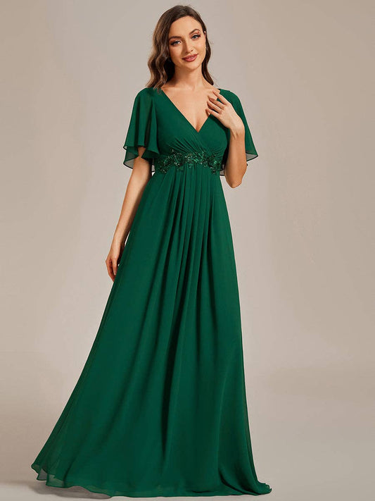 Ever-Pretty - V Neck Appliques Pleated Bridesmaid Dress: Dark Green / 24