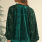 Evergreen Velvet Sequin Patchwork Sleeve Button Up Blouse