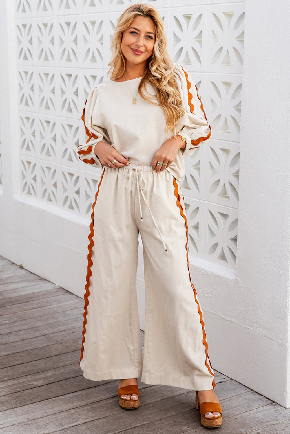 White Ric Rac Trim Long Sleeve Top and Wide Leg Pants Set