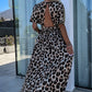 Khaki Leopard V Neck Cinched High Waist Open Back Maxi Dress