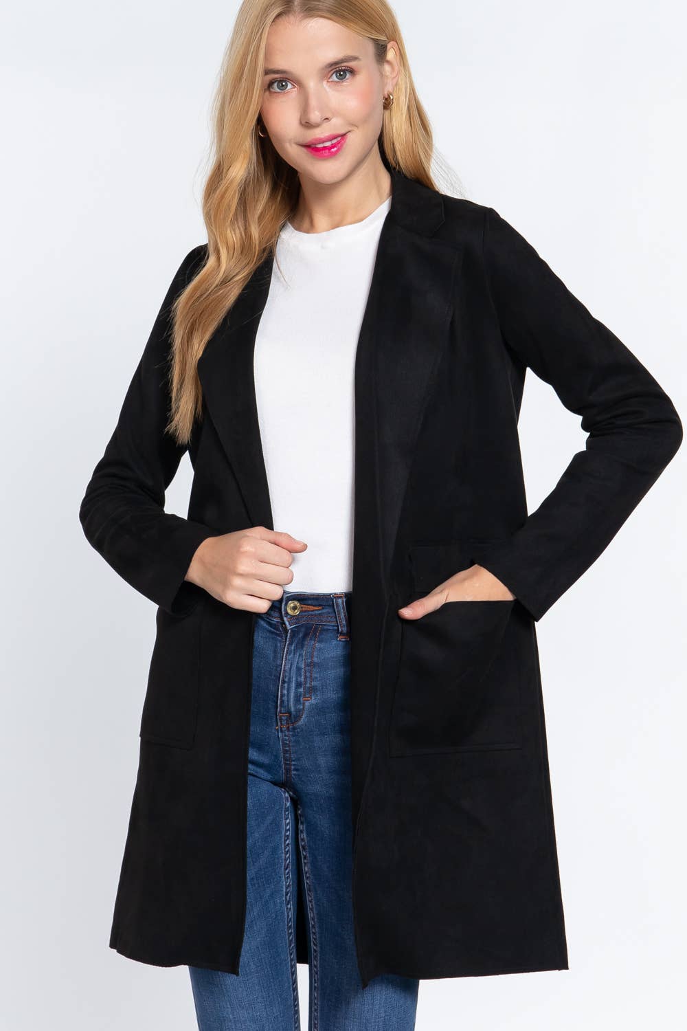 42POPS - ...SI-23491 Fitted Long Slv Faux Suede Open Jacket: KHA-cappuccino-172162 / L