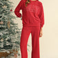 Evergreen Crinkle Rib JOLLY Pattern Long Sleeve Top and Pockets Pants Set