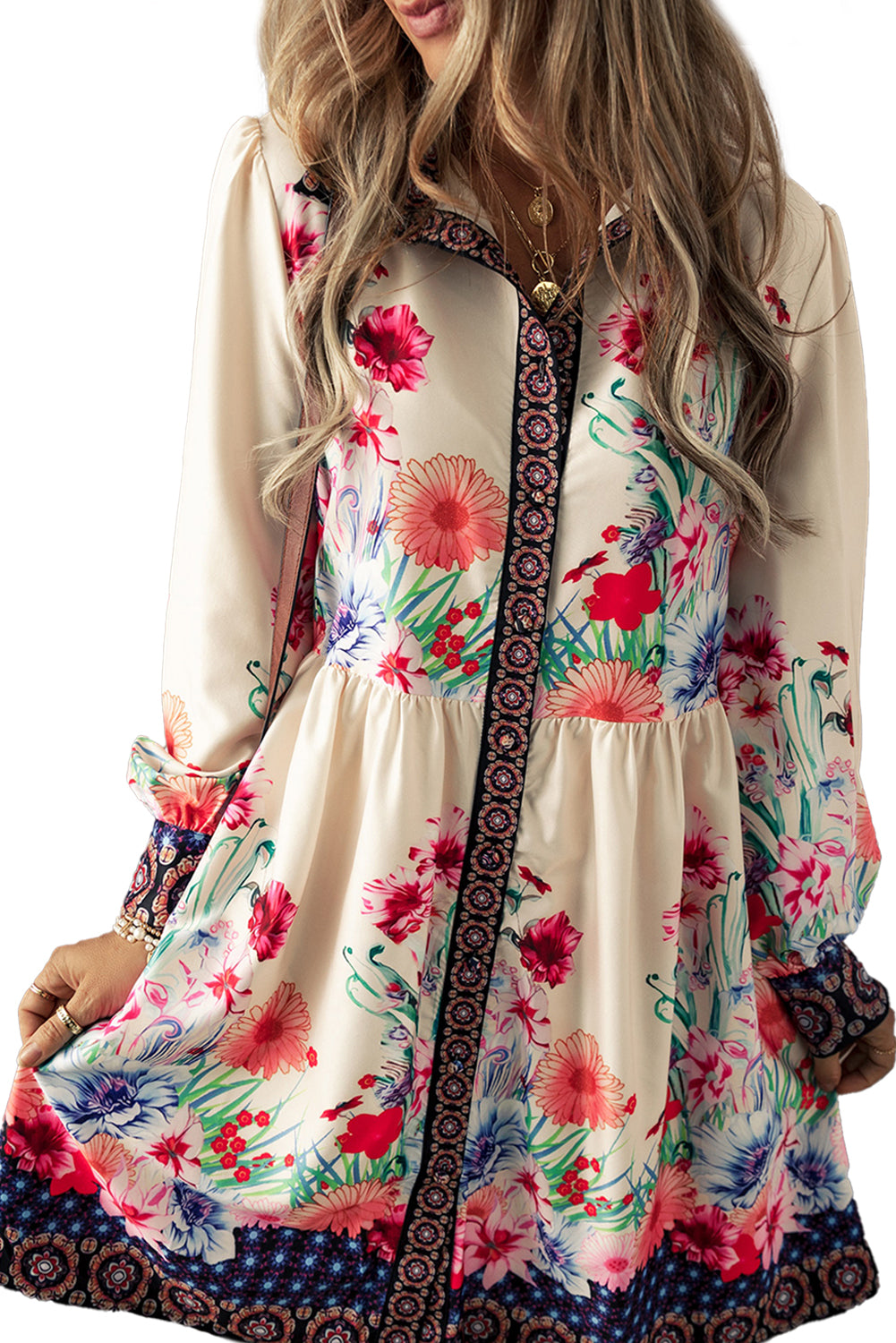 Apricot Floral Print Buttoned High Waist Mini Dress